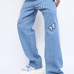 Butterfly embroidered straight-leg jeans