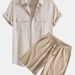 Linen Rayon Blend Pocket Utility Shirt & Crinkled Textured Drawstring Shorts