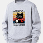 Black Cat Drinking Coffee Print Relax Fit Sweatshirt