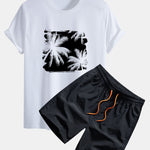 Regular Fit Palm Trees Silhouette Print Cotton T-Shirt & Swim Shorts