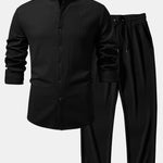 Long Sleeve Muscle Fit Ribbed Stand Collar Shirt & Straight Leg Ribbed Pants