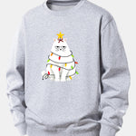 Christmas Lights White Cat Print Relax Fit Sweatshirt