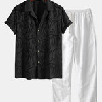 Jacquard Texture Cuban Shirt & Straight Leg Linen Pants