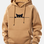 Black Cat Print Drawstring Hoodie