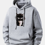 Black Cat Drinking Coffee Print Relax Fit Hoodie