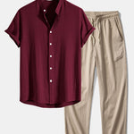Linen And Rayon Blend Stand Collar Shirt & Wrinkle Textured Straight Leg Pants