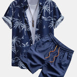 Palm Tree Island Print Button Up Shirt & Drawstring Swim Shorts