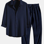 Long Sleeve Muscle Fit Ribbed Button Up Shirt & Straight Leg Ribbed Pants
