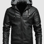 Men's Stand Collar Zipper Plush Hooded Leather Jacket