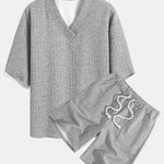 Relax Fit Geometric Jacquard V Neck Three Quarter Sleeve T-Shirt & Shorts
