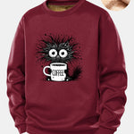 Black Cat Drinking Coffee Print Teddy Fleece Lined Sweatshirt