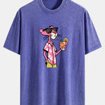 Vacation Pink Panther Print Washed Distressed Drop Shoulder T-Shirt