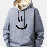 Smiley Face Print Teddy Fleece Lined Drawstring Hoodie