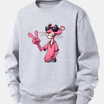 Pink Panther With A V Sign Print Relax Fit Sweatshirt