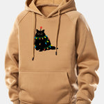 Christmas Lights Black Cat Print Drawstring Hoodie