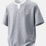 Relax Fit Smiley Face Print 2 In 1 Notched Collar Waffle T-Shirt