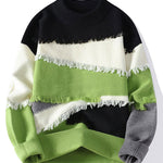 Color Block Fringe Patchwork Crew Neck Sweater