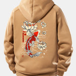 Koi Fish Lotus Print Drawstring Hoodie