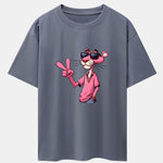Pink Panther With V Sign Print Drop Shoulder Oversize T-Shirt