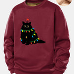 Colorful Light Black Cat Print Teddy Fleece Lined Sweatshirt