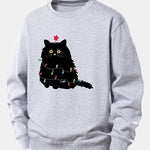 Christmas Lights Black Cat Print Relax Fit Sweatshirt