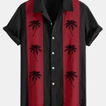 Palm Tree Print Linen Look Patchwork Bowling Shirt