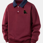 Relax Fit Christmas Colorful Light Black Cat Print Contrast Polo Sweatshirt