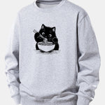 Black Cat Ramen Print Relax Fit Sweatshirt