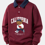 Relax Fit California Fashion Bear Print Contrast Polo Sweatshirt