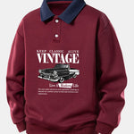 Relax Fit Vintage Car Print Contrast Polo Sweatshirt