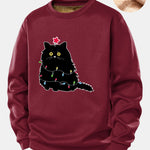 Christmas Lights Black Cat Print Teddy Fleece Lined Sweatshirt