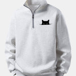 Relax Fit Black Cat Print Quarter Zip Sweatshirt