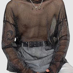 Men's mesh sheer shiny breathable mesh bottom long-sleeved T-shirt