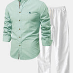 Long Sleeve Linen Look Stand Collar Shirt & Straight Leg Linen Pants