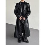Double Breasted Belted PU Leather Long Trench Coat