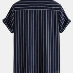Cotton Blend Striped Stand Collar Shirt & Straight Leg Linen Pants