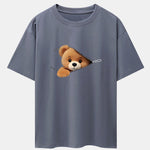 Zipper Bear Print Drop Shoulder Oversize T-Shirt
