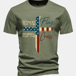 Regular Fit Retro American Flag Cross Print Cotton T-Shirt