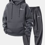 Men Print Drawstring Hoodie & Jogger Pants