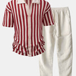 Drop Shoulder Stripe Crochet Shirt & Straight Leg Linen Pants