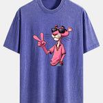 Pink Panther With V Sign Print Washed Distressed Drop Shoulder T-Shirt
