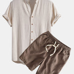 Short Sleeve V Neck Linen Rayon Blend Shirt & Linen Cotton Blend Drawstring Shorts