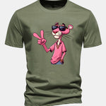 Regular Fit Pink Panther With V Sign Print Cotton T-Shirt