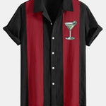 Vintage Martini Cocktail  Print Linen Look Patchwork Bowling Shirt