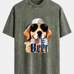 Beer Dog Print Washed Distressed Drop Shoulder T-Shirt