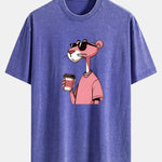Pink Panther Drinking Coffee Print Washed Distressed Drop Shoulder T-Shirt