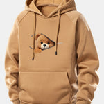 Zipper Bear Print Drawstring Hoodie