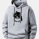 Black Cat Ramen Print Relax Fit Hoodie