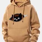 Zipper Black Cat Print Drawstring Hoodie