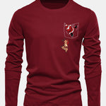 Long Sleeve Pocket Santa Print Cotton T-Shirt